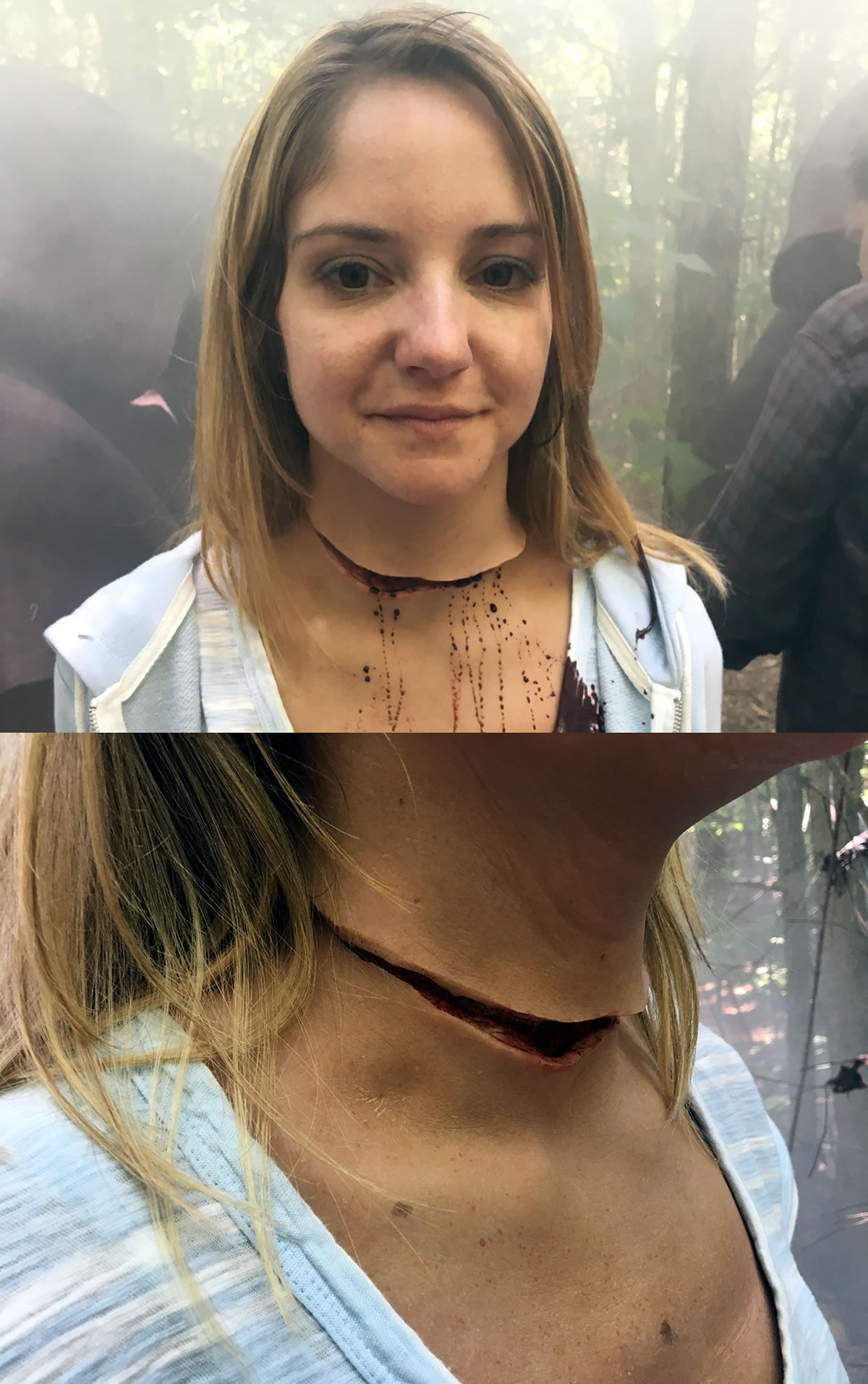 Slit neck with blood effect appliance for 'Stan Against Evil'